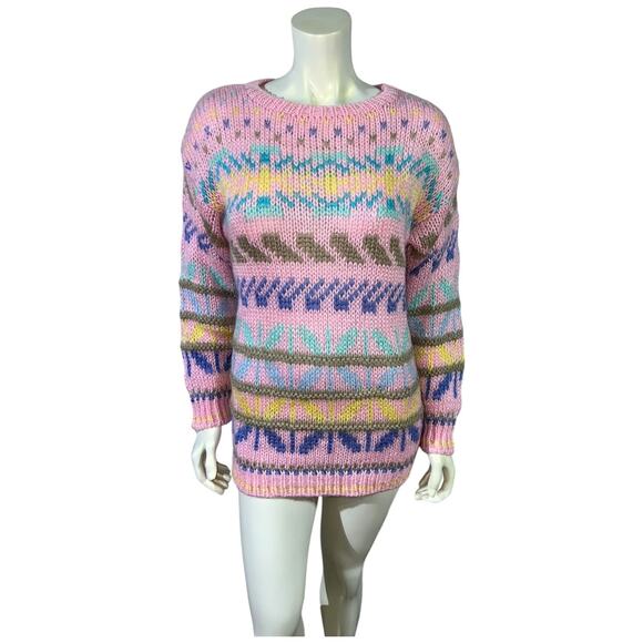 Vintage 1980s Simsbury Pastel Fair Isle Style Sweater Pink Multi Striped - Small - Picture 2 of 8
